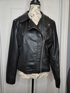 NWOT Miss London Women's Black Faux Leather Moto Jacket Studded Shoulders Size L